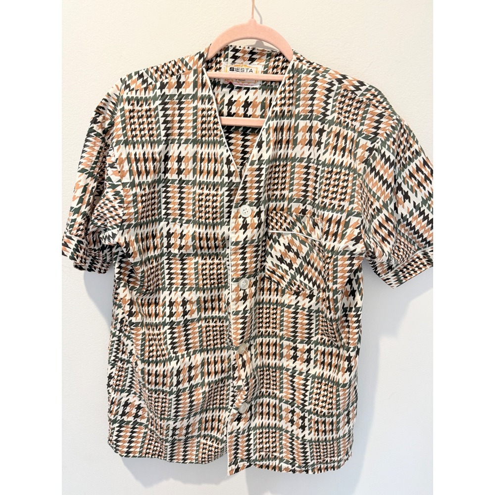 Vintage 70s Siesta Geometric Houndstooth Short Sleeve Top